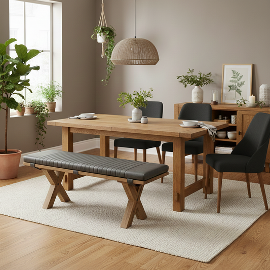 Bodahl 'Loki' 52 Natural Bianca Solid Oak 140cm Dining Bench with All Wooden X-Shaped Legs + Grey Bench Pad