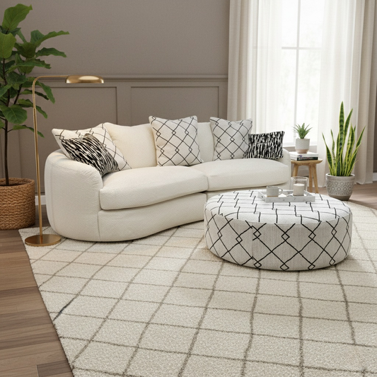 ‘Bow' Ecru Ivory Boucle 4 Seater Sofa + Pattern Ivory Boucle Footstool