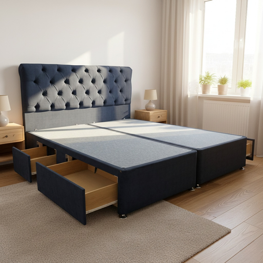‘Harrison’ Navy Blue Fabric 4 Draw Divan Base with Floor Standing Headboard - Super King