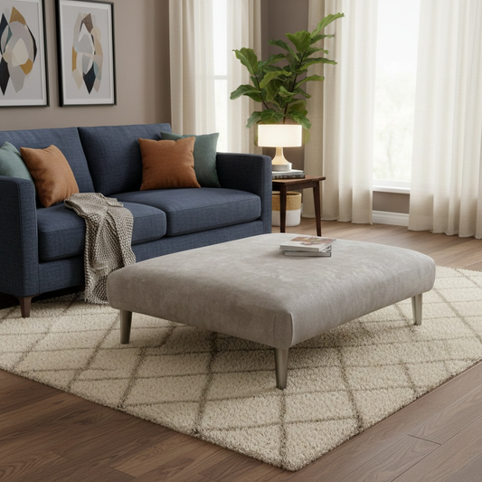 ‘Ballard’ Grey Fabric Large Square Footstool