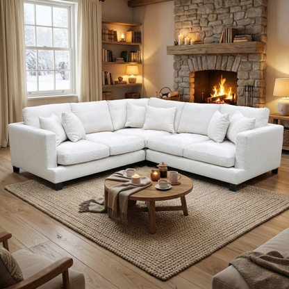 Living Room showing the large corner configuration and the contemporary ivory fabric finish