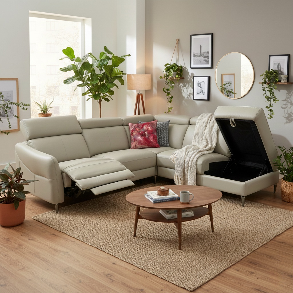 'Nico' Stone Leather Power Recliner Right Hand Facing Chaise Corner Sofa with Storage and Adjustable Headrests