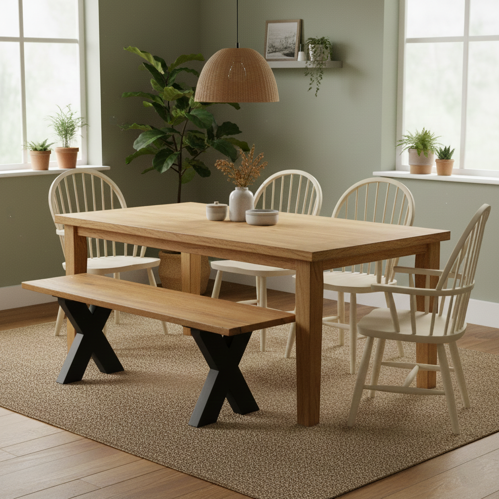Bodahl ‘Terra’ 01 Oiled Solid Oak Compact 140cm Dining Bench with Metal X-Shaped Legs
