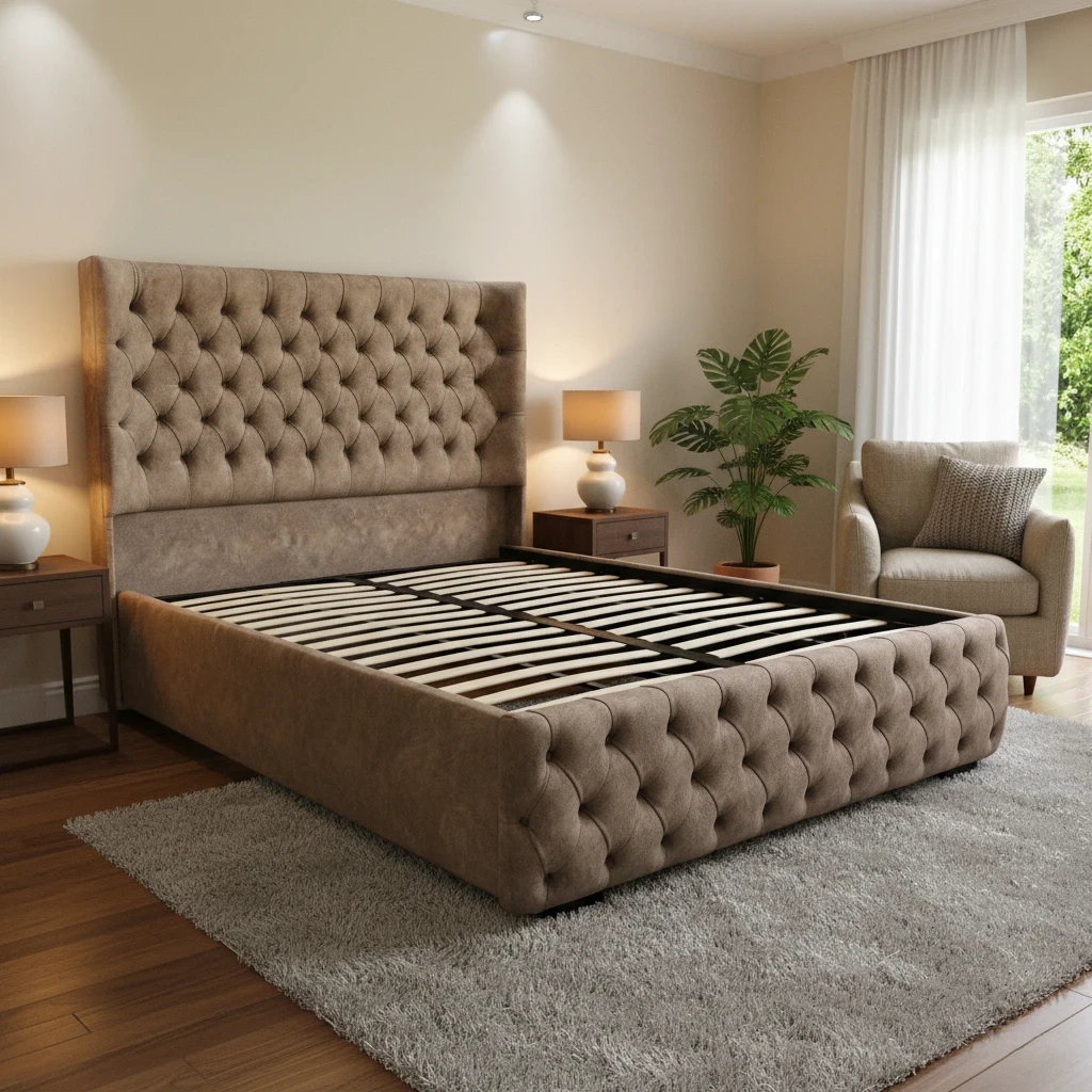 Detail shot of the floor-standing headboard, highlighting the soft mink velvet fabric and solid design.