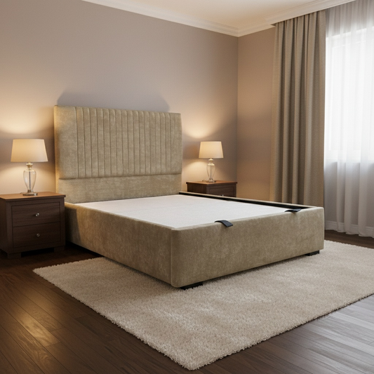 ‘Nero’ Designer Quartz Velvet Floor Standing Headboard + End Lift Ottoman Bed Frame - King