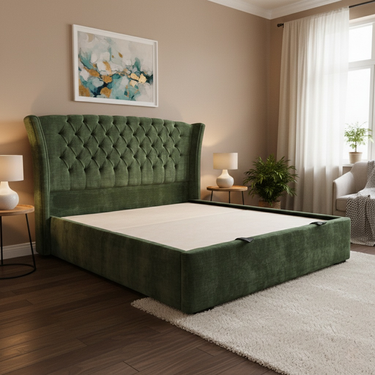 ‘Dorian’ Aston Moss Fabric Floor Standing Headboard + End Lift Ottoman Bed Frame - Super King