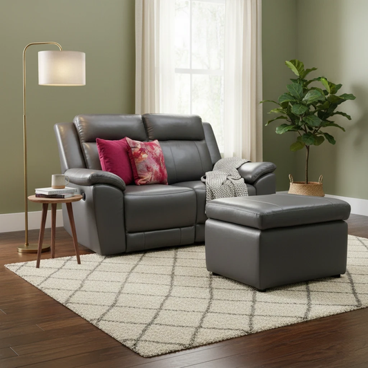 'Maverick' Elephant Grey Leather 2 Seater Manual Recliner Sofa + Storage Footstool