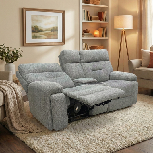 ‘Cinemax’ Charcoal Grey Woven Fabric 2 Seater Power Recliner Sofa with Power Headrests and Media Console