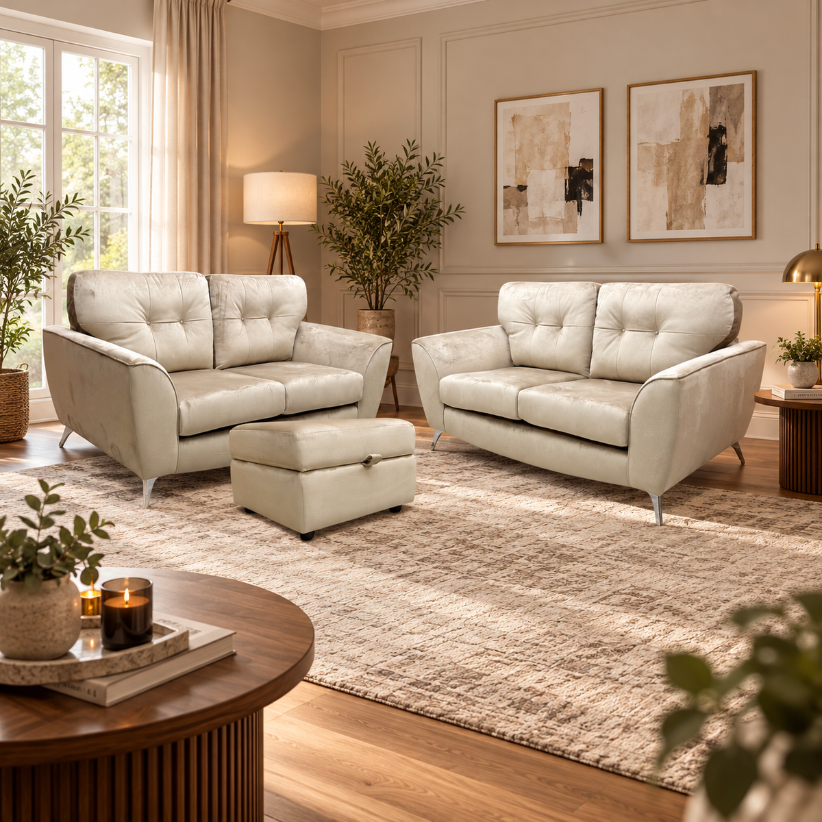 'Dawson' Mink Dawson Velvet 2 + 2 Seater Sofa with Storage Footstool