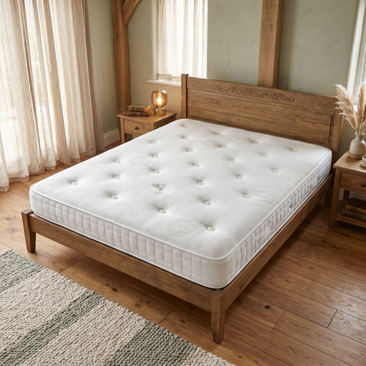 Bed room of the hand-tufted surface, emphasizing the traditional manufacturing technique used to keep internal fillings secure.