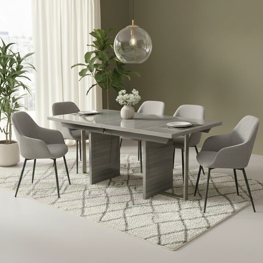 Living Room highlighting the unique combination of high-gloss and transparent acrylic legs.