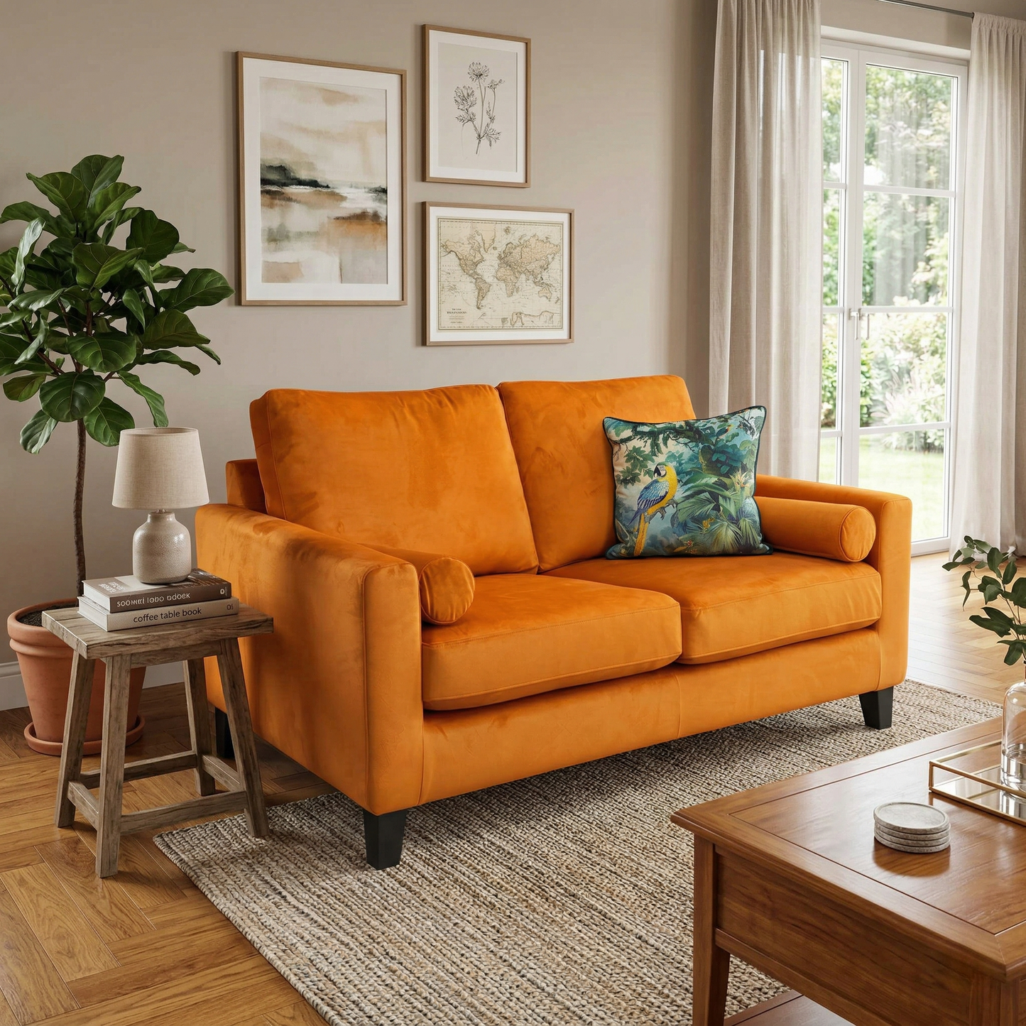 ‘Bailey’ Primo Marigold Velvet 2 Seater Sofa with Bolster Cushions