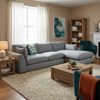 'Plush' Slate Grey Bobby Plain Fabric Formal Back Large Right Hand Facing Chaise End Sofa