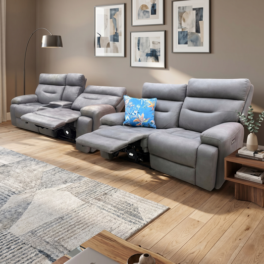 'Cinemax' Nappa Grey Velvet Set: 2 Seater Media Console Power Recliner Sofa with Power Headrests