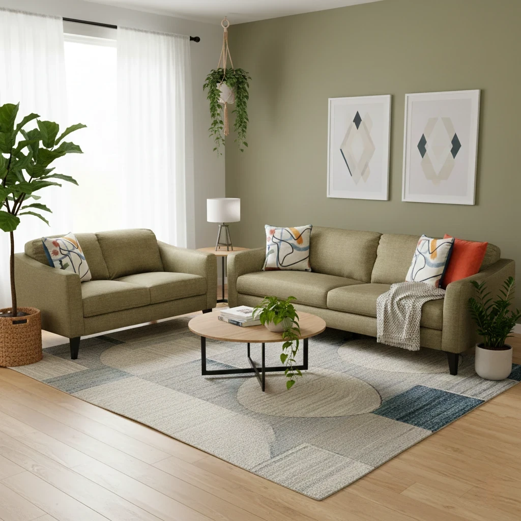 Living Room of the 'Oslo' Vogue Olive Green 3 + 2 Seater Sofa Set.