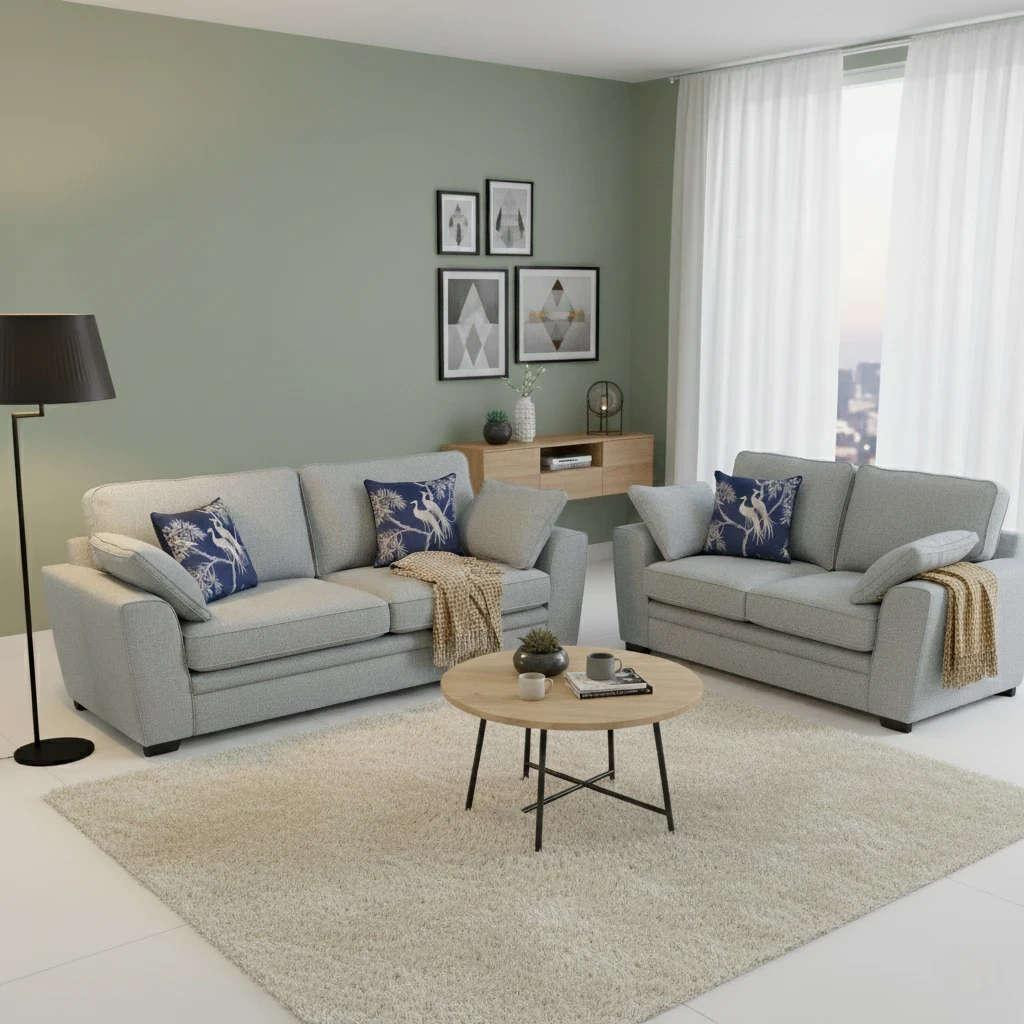 Living Room of of the ‘Chalfont’ Duck Egg Tight Weave Fabric 3 + 2 Seater Sofa Set.