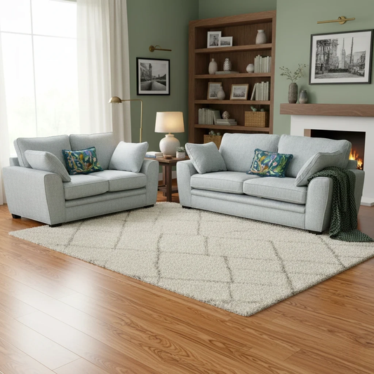Living Room of the ‘Chalfont’ Eau De Nil Fabric 3 + 2 Seater Sofa Set.