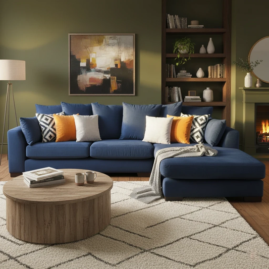 Living Room of the 'Moscow’ Royal Navy Blue Velvet RHF Corner Sofa.