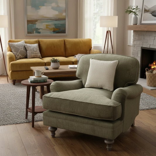 Living Room of the 'Paddington' Olive Green Vogue Velvet Chair.