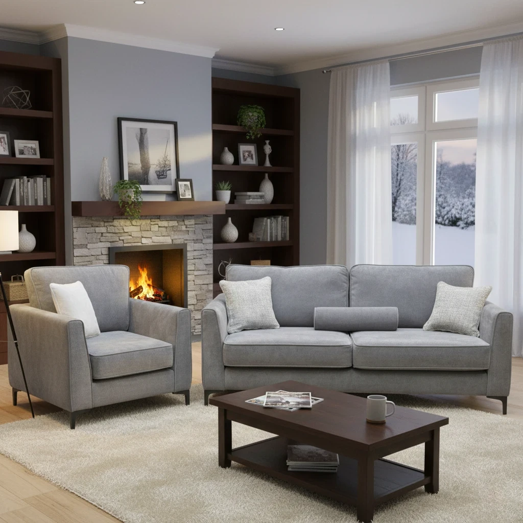 Living Room of the 'Smith' Steel Velvet 3 Seater Sofa and Armchair.