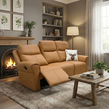 Living room of the 'Irene' sofa showing its high back design and tan leather finish.