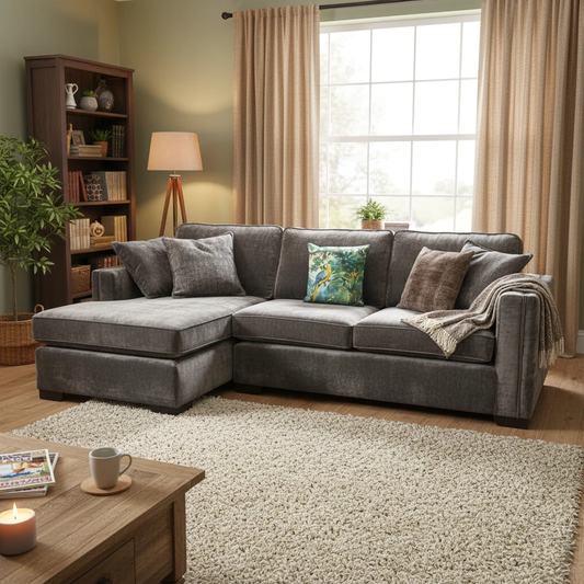 Living Room of the 'Chelsea' Moleskin Brown Chenille LHF Corner Sofa.
