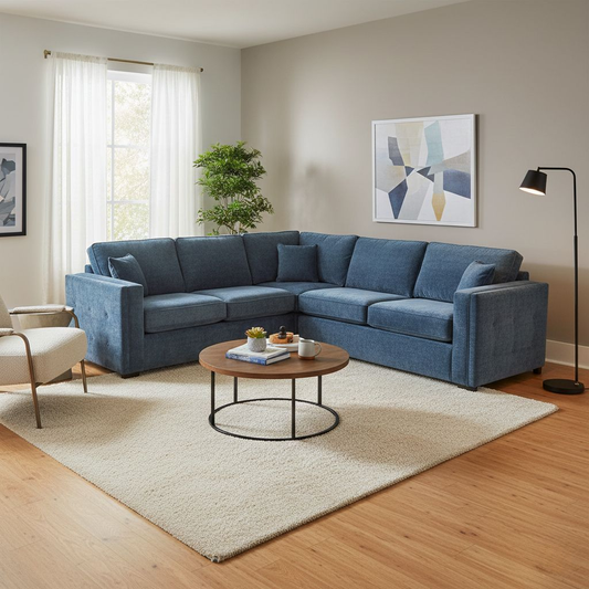 Living Room of the 'Stella' Marine Blue Meridian Chenille Corner Sofa.