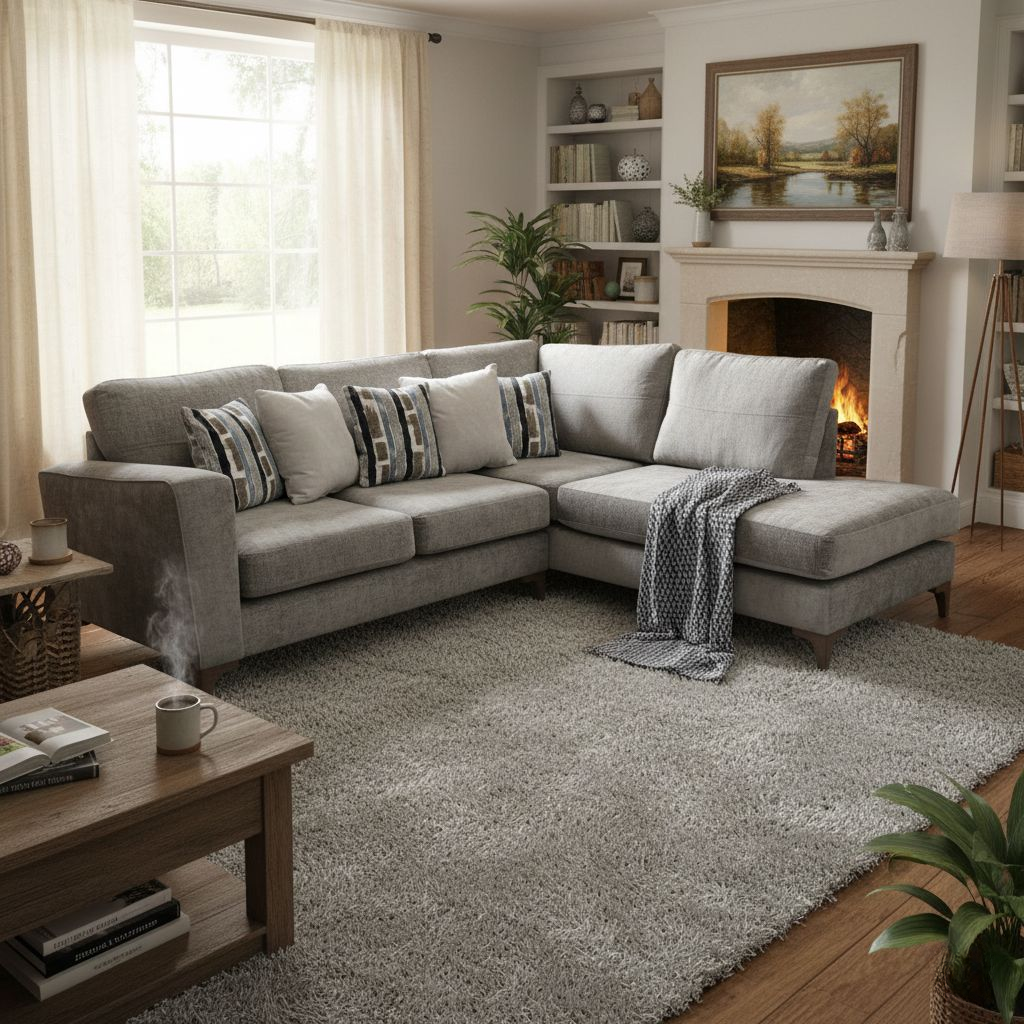 living room of the ‘Lille’ Kingston Grey Formal Back Chaise Sofa in a room setting.