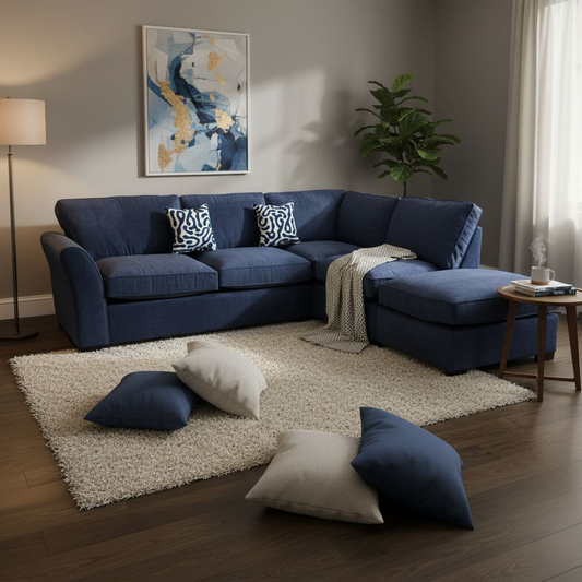 living room of the ‘Rosie’ Kingston Navy Blue RHF Chaise Corner Sofa in a room setting.
