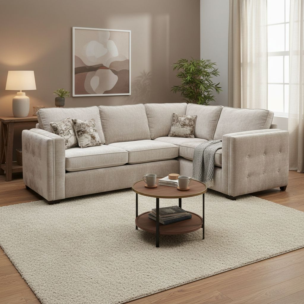living room of the ‘Stella’ Truffle Beige Corner Sofa in a room setting.