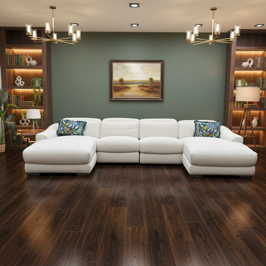 ‘Xavier’ Fab-Mil-R110 Sand Woven Fabric Large Double Ended Power Recliner Chaise with Power Headrests + Double Power Recliner Armless Unit with Double Power Headrests