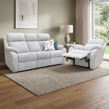 G Plan ‘Kingsbury' B102 Shore Oatmeal Woven Fabric 3 Seater + Power Recliner Armchair Sofa Set Furniture Village