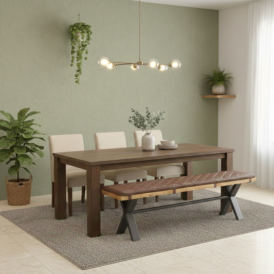 Living room of the 'Earth' Dining Bench with faux leather pad.