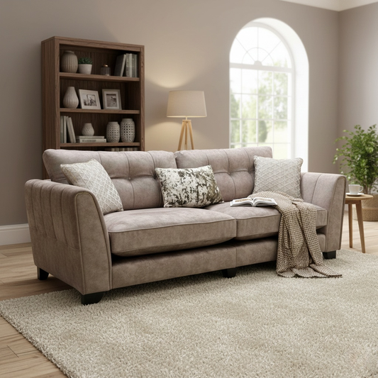 Living room of the 'Mariah' Dapple Chocolate Velvet Classic Back 4 Seater Sofa.