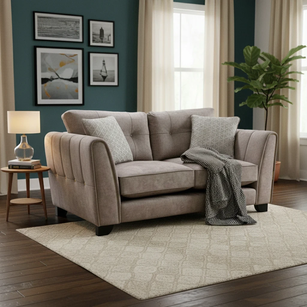 Living room of the 'Mariah' Dapple Chocolate Velvet Classic Back 2 Seater Sofa.