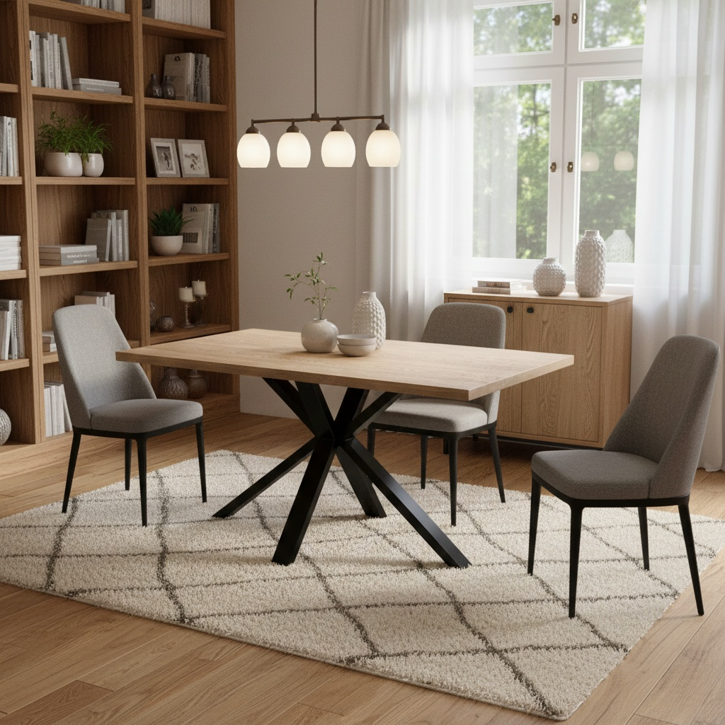 'Saturn' Solid Oak Compact 135cm Fixed Dining Table, lifestyle photo in a dining room with grey chairs and a bookcase