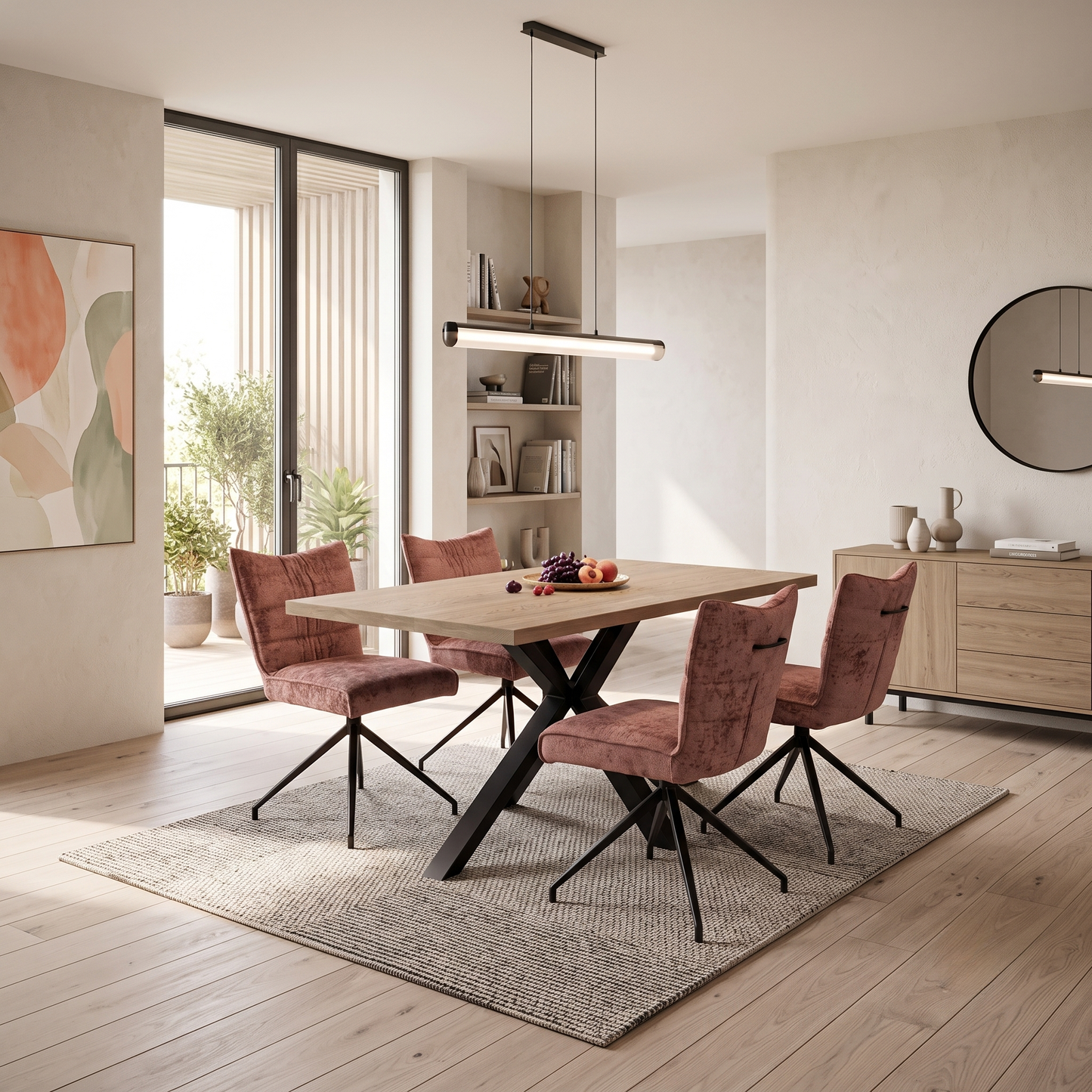 'Saturn' Solid Oak Compact 135cm Fixed Dining Table with Rust Sumptuous Velvet Dining Chairs - Set of 4 Furniture Village