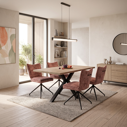 'Saturn' Solid Oak Compact 135cm Fixed Dining Table with Rust Sumptuous Velvet Dining Chairs - Set of 4 Furniture Village