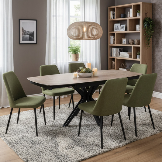 Living room of the Jose ceramic dining table in its compact state against a white background.