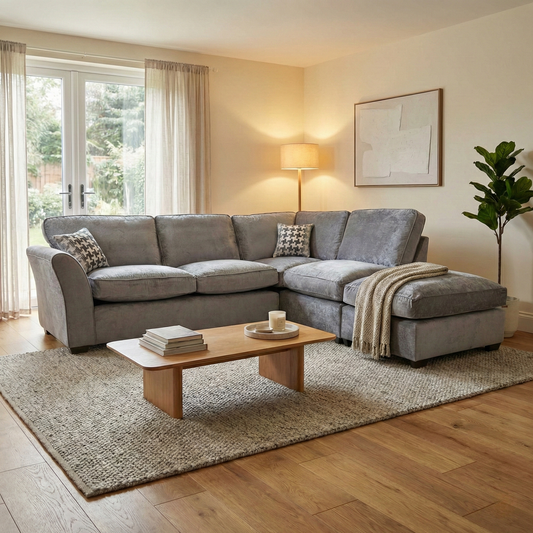 Lifestyle shot of the Rosie grey fabric corner sofa, showcasing its generous seating space and contemporary silhouette in a bright living room.