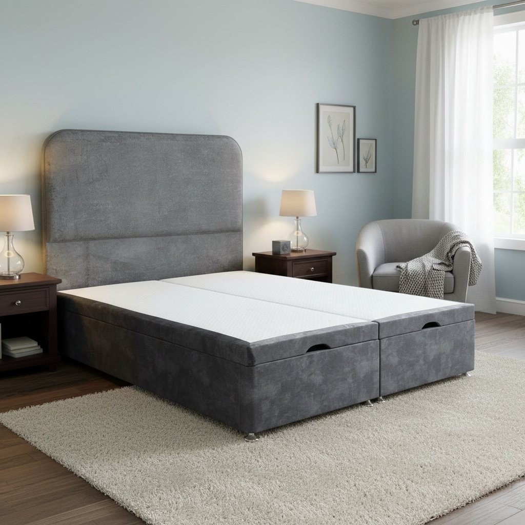 Living room of the Pluto headboard and ottoman base against a neutral studio background.