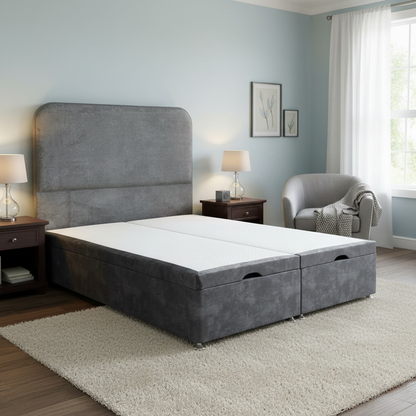 Living room of the Pluto headboard and ottoman base against a neutral studio background.