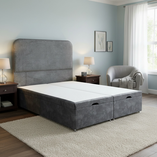 Living room of the Pluto headboard and ottoman base against a neutral studio background.