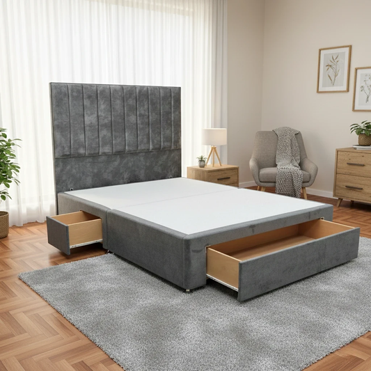 Living room of the Hamilton bed set against a grey background, showing the divan and headboard.