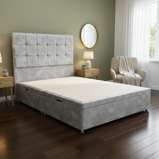 Living room of the bed base and headboard set against a studio background.