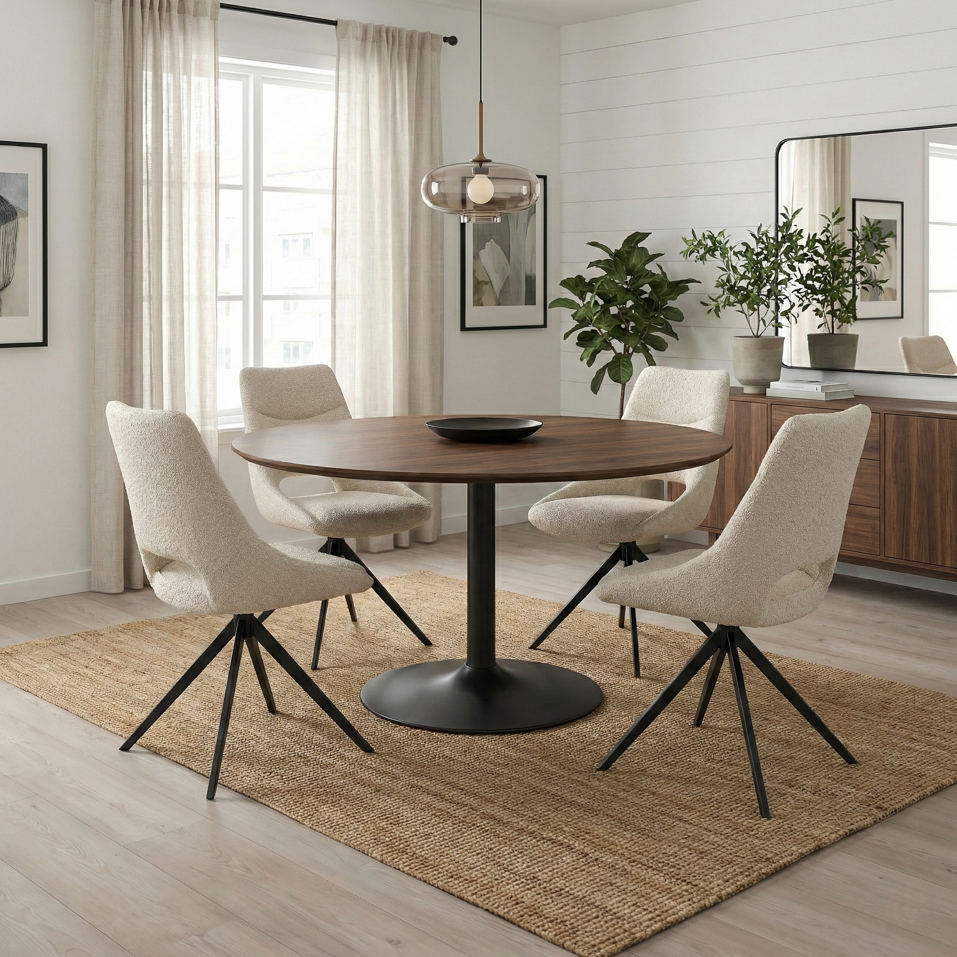 Dining Room shot of a 'Barefoot' dining chair, showcasing the elegant curved back and textured boucle weave.