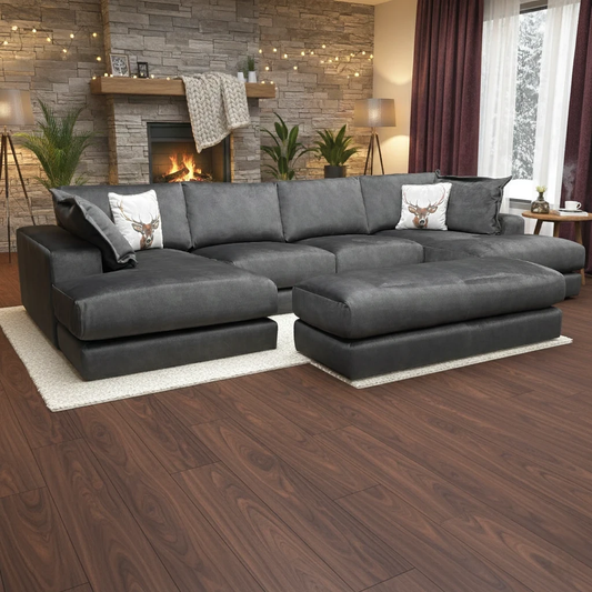 Living Room of the large chaise sofa, highlighting the low-slung profile and deep seating area.