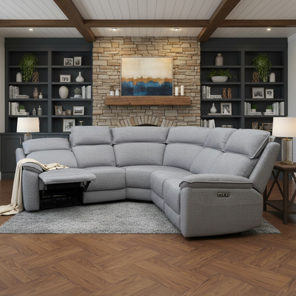 Living Room view of the sofa with the power footrest fully extended in a reclining position.