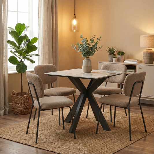 Living Room shot of the square 'Kyoto' table, emphasizing its modern minimalist design and compact footprint.