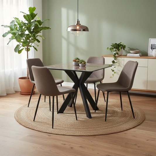 Living Room Of shot of the square table, showcasing the modern silhouette and industrial metal legs.
